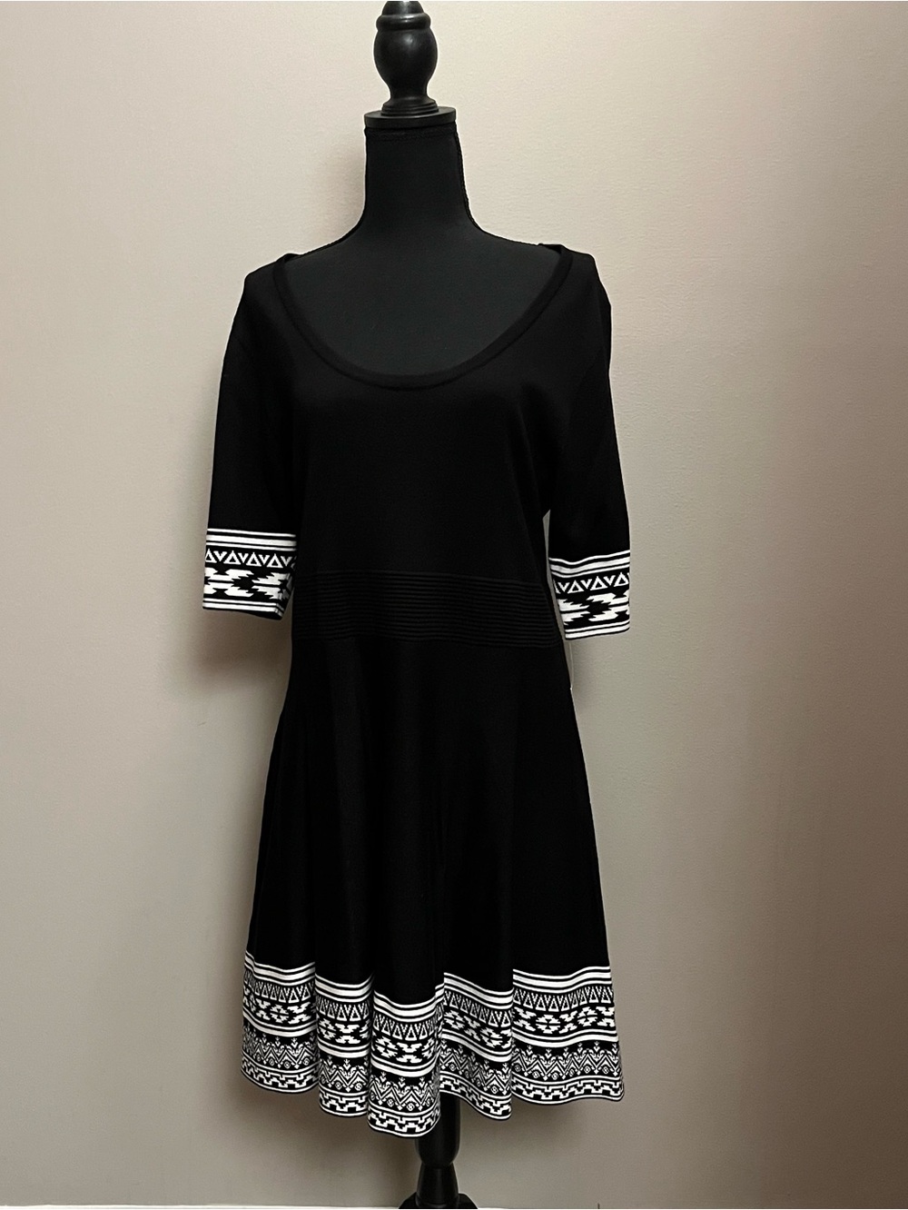 Nina Leonard Black Dress with Ivory Aztec Trim, Size XL